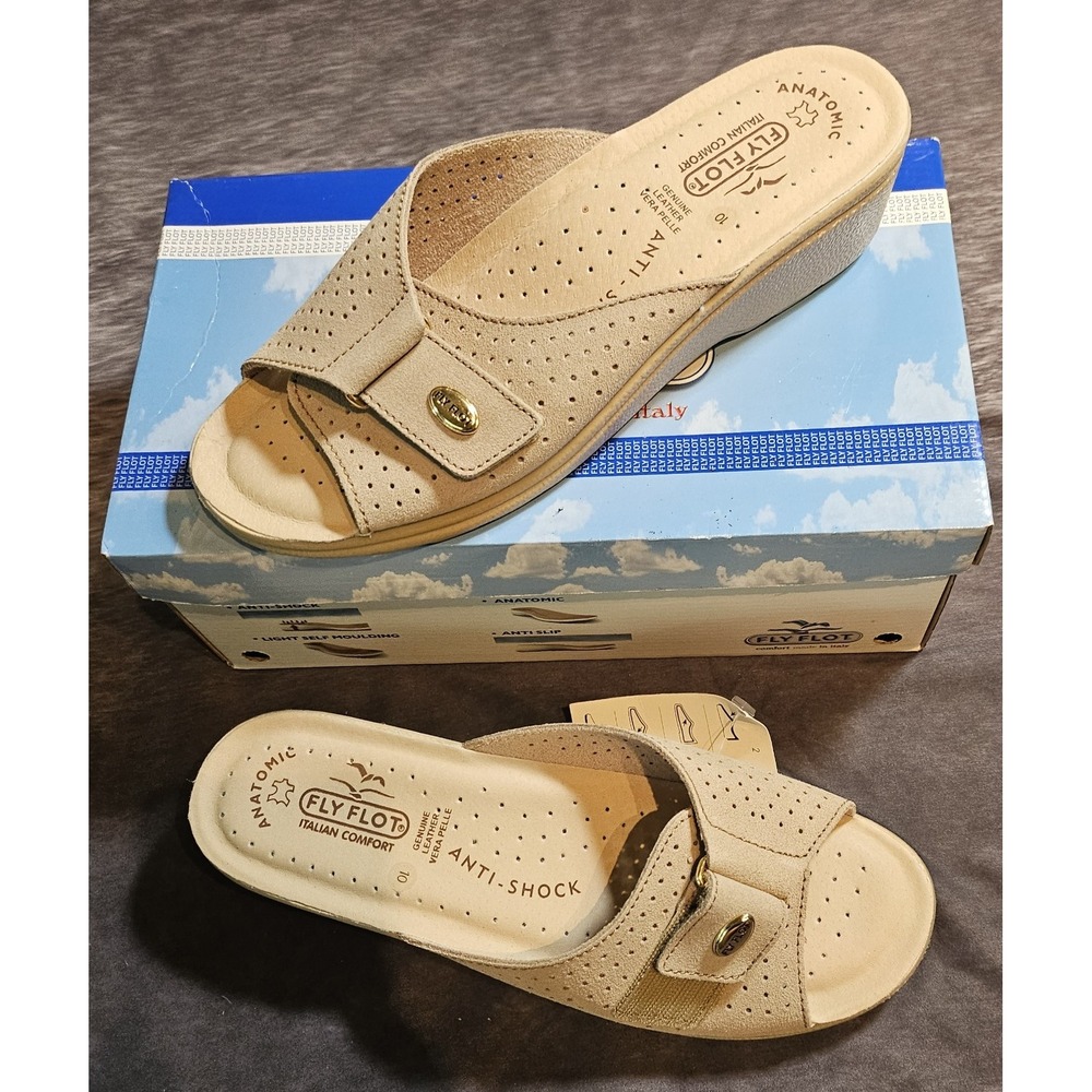 Fly Flot Silvia Beige Leather Italian Comfort Sandals SZ 10 Anatomic Anti- Shock